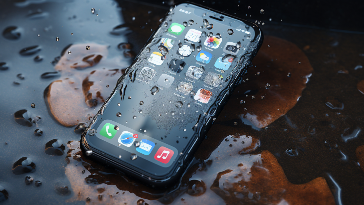 Ein nasses iPhone 15 in einer Pfütze im Regen