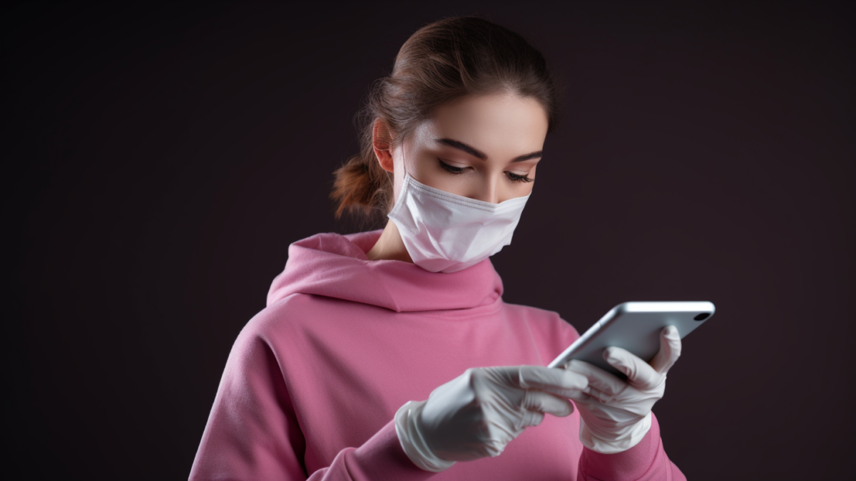 Eine Frau desinfiziert ihr Handy mit einem Desinfektionstuch