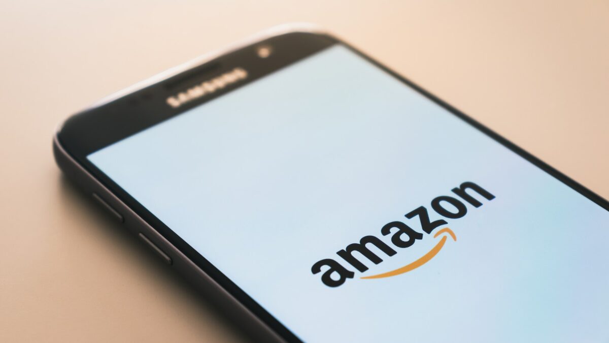 black Samsung Galaxy smartphone displaying Amazon logo